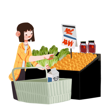 girl in a grocery store with a cart at the vegetable section Illustration in PNG, SVG