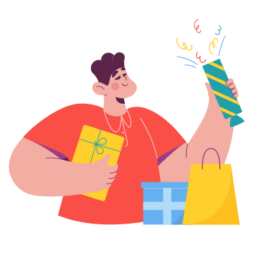 Man celebrating with gifts and party cracker PNG, SVG