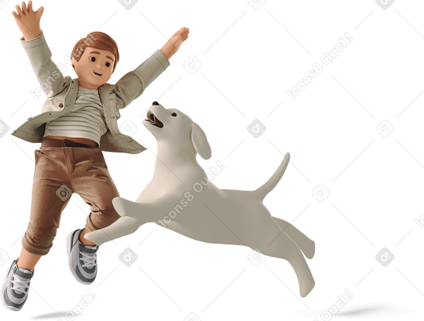 3D little boy jumping with dog Illustration in PNG, SVG