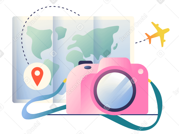 Map with route and camera for travel animated illustration in GIF, Lottie (JSON), AE