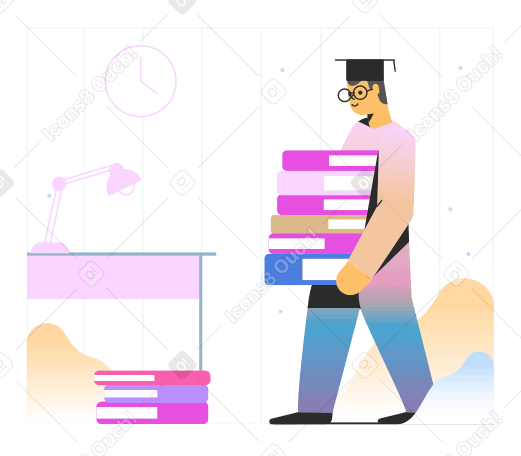 Man carrying a stack of books to desk PNG, SVG
