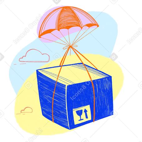 Parachute delivers blue box with fragile items PNG, SVG