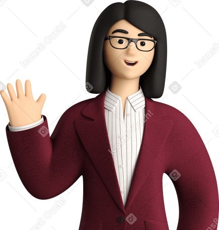 3D businesswoman in red suit waving hello Illustration in PNG, SVG