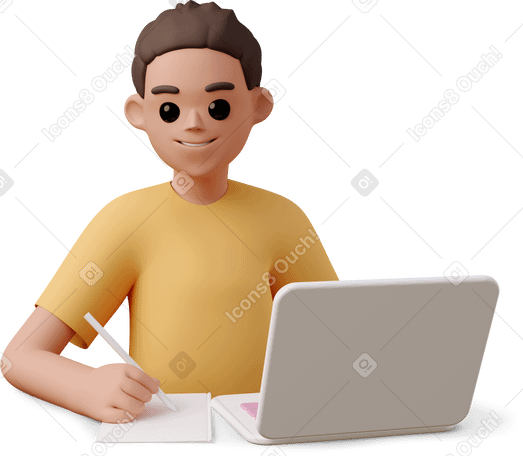 3D young woman sitting in front of laptop and writing notes PNG, SVG