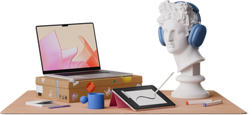 Front view of graphic designer desk with apollo head PNG, SVG