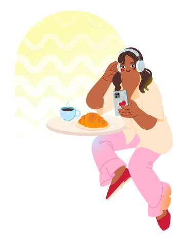 아침 식사 때 헤드폰을 끼고 비디오를 시청하는 여자  PNG, SVG
