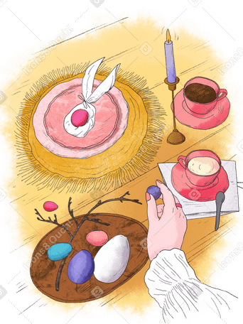 Украшенные яйца на пасхальном праздничном столе в PNG, SVG