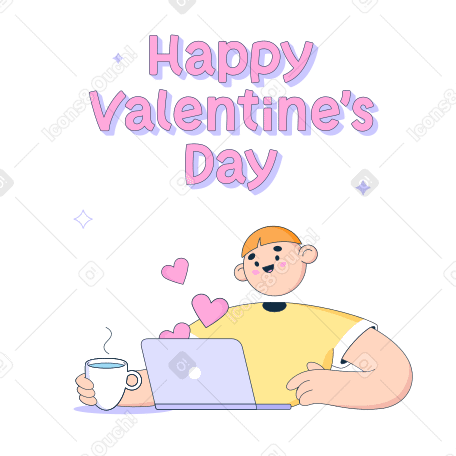 Happy Valentine's Day lettering over a guy looking at a laptop with hearts on it в PNG, SVG
