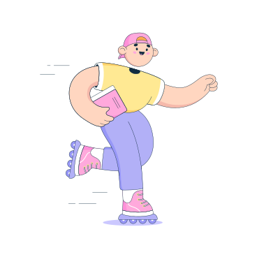 Teenager holds a book and rides on roller skates PNG, SVG
