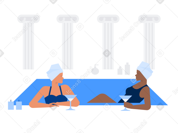 Two women in swimsuits drinking cocktails in a pool PNG, SVG