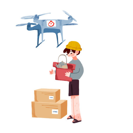 drone delivered packages to a boy Illustration in PNG, SVG