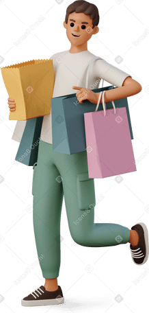 3D boy holding shopping bags Illustration in PNG, SVG