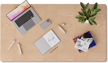 Top view of desk with laptop, books and sketches PNG, SVG