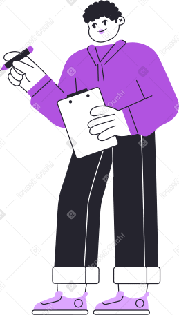 man standing and holding a clipboard and a marker Illustration in PNG, SVG