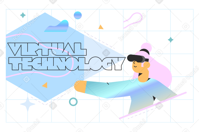 Virtual technology text and a woman wearing virtual reality glasses Illustration in PNG, SVG