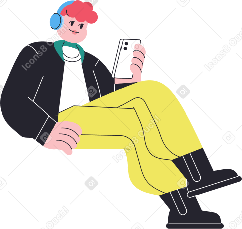 man in headphones sitting and using his phone PNG, SVG