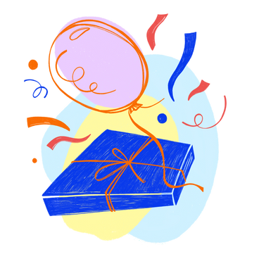 Blue holiday box with balloon and confetti PNG, SVG