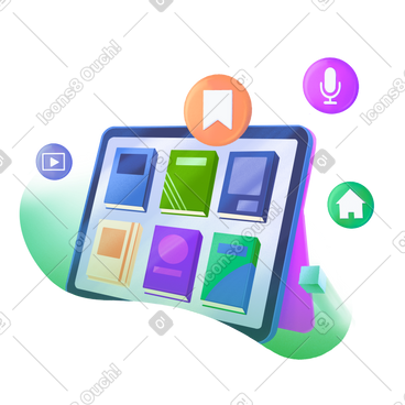 Tablet with six different e-books that you can save, read PNG, SVG