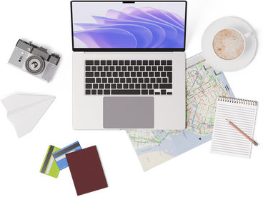 Top view of laptop, map, camera, passport, credit cards and notebook PNG, SVG