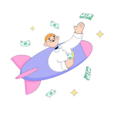 Business man in spaceship catches money in space PNG, SVG