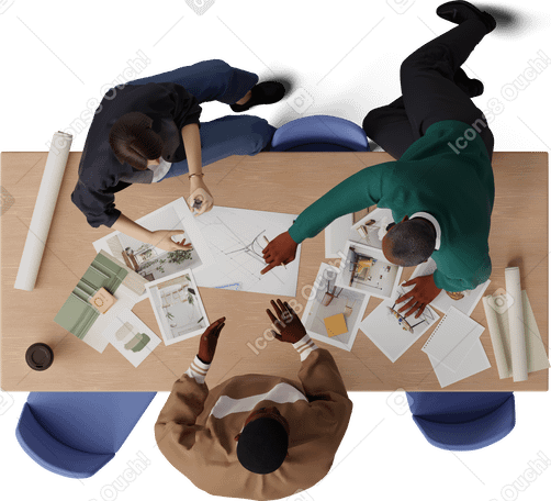 3D top view of colleagues discussing work project в PNG, SVG