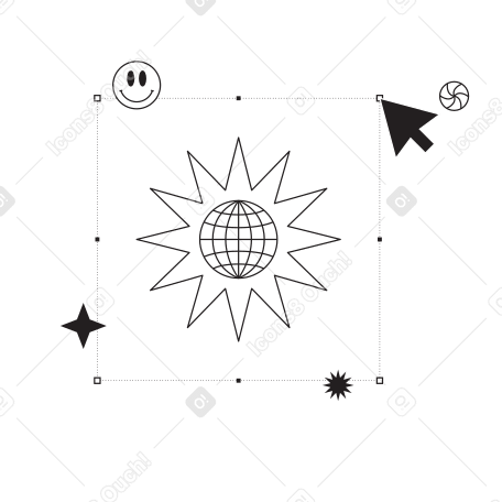 Globe icon in a multi-pointed star with an arrow Illustration in PNG, SVG