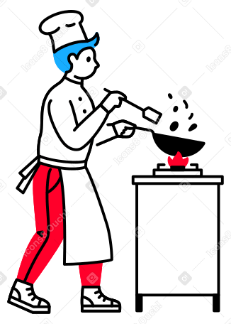 Chef cooks stir-fry in a wok over a fire Illustration in PNG, SVG