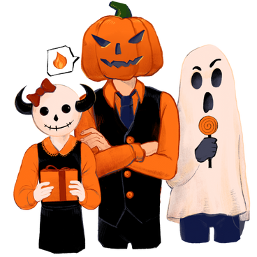 girl with horns, man with pumpkin head and ghost with lollipop PNG, SVG