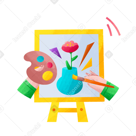 Artist paints a vase with a flower on canvas Illustration in PNG, SVG