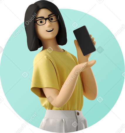 3D smiling young woman showing phone PNG、SVG
