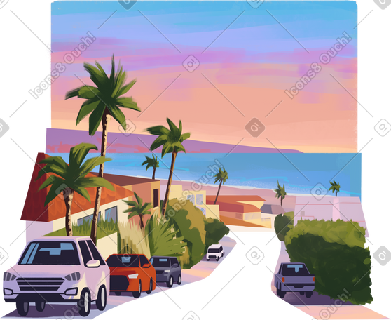 tropical street with palm trees near sea coast PNG, SVG