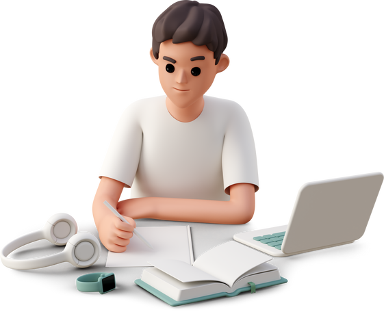 3D young man surrounded by gadgets writing notes PNG, SVG