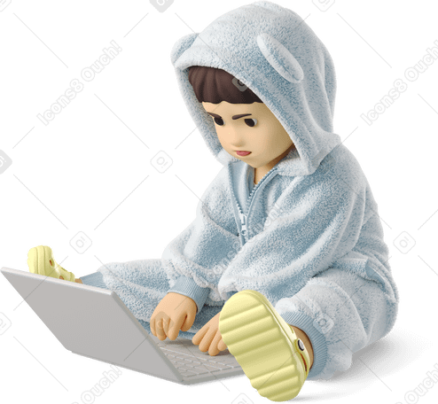 3D little baby sitting at a laptop PNG, SVG