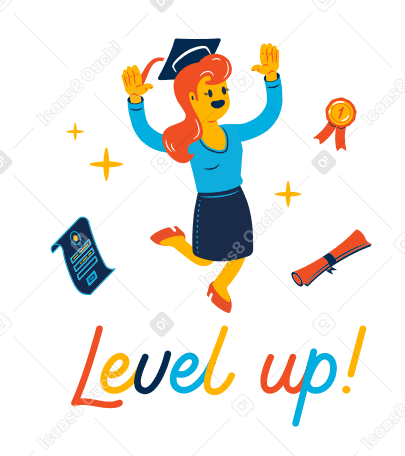Level up lettering under the joyful girl in an academic hat PNG, SVG