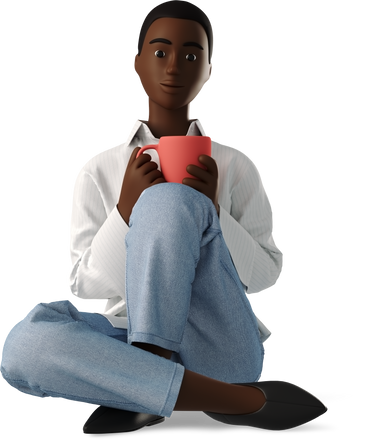 Молодая черная женщина сидит на полу и пьет кофе в PNG, SVG