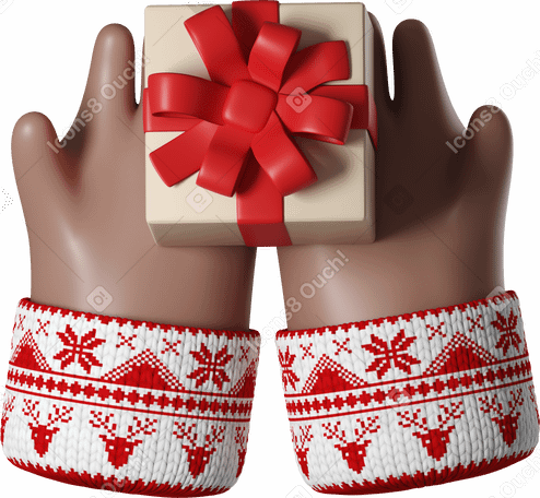 3D Braune hauthände in weißem weihnachtspullover mit geschenkbox PNG, SVG
