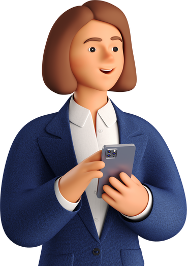 businesswoman in blue suit with phone looking aside PNG, SVG