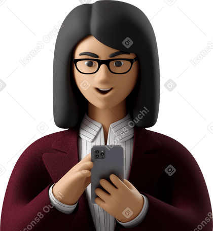 3D close up of businesswoman in red suit looking at phone Illustration in PNG, SVG