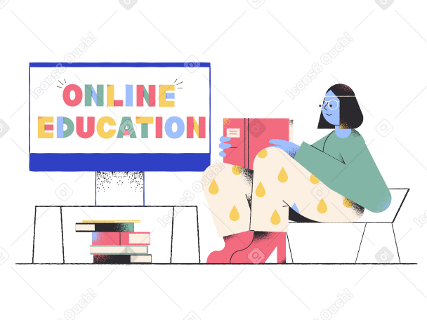 Lettering Online Education with a screen and a girl reading PNG, SVG