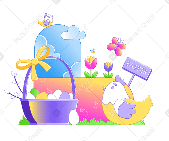Easter chicken with a basket of eggs PNG, SVG