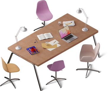 Isometric view of office desk with laptop and project files PNG, SVG