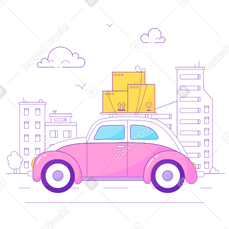 带箱子的粉红色汽车穿过城市 PNG, SVG