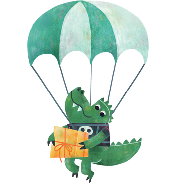 Alligator with cardboard box and parachute delivering goods PNG, SVG