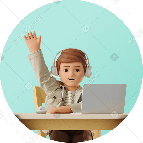 3D オンライン授業を受けている少年が手を挙げている PNG、SVG