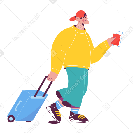 Man is going on a trip with a suitcase and a passport PNG, SVG