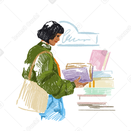 Mujer joven eligiendo libro en la tienda PNG, SVG