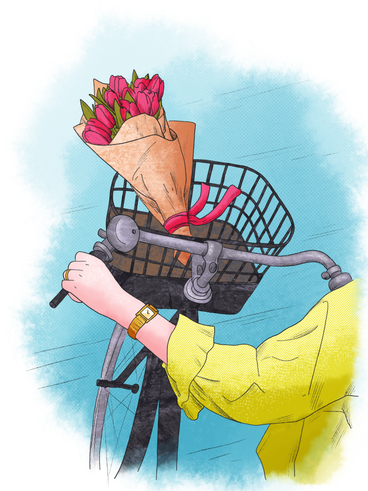 Bike ride with a bouquet of flowers PNG, SVG