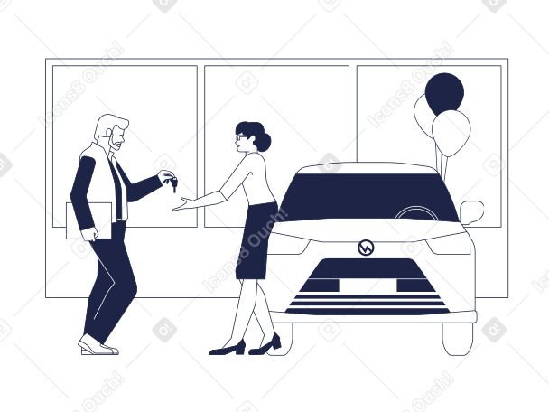 Car dealership salesman gives car keys to female customer PNG, SVG