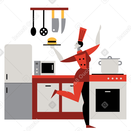 Woman cooking burger in kitchen Illustration in PNG, SVG