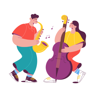 Man with a saxophone and a woman with a double bass play music PNG, SVG
